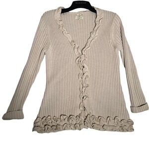 Womens Sweater-BLARNEY-IRELAND-beige wool Blend Open cardigan/Ruffles-Large